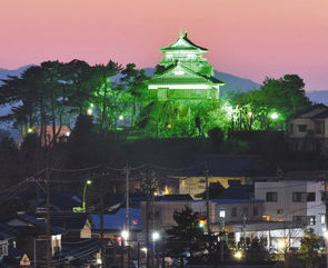 夜の丸岡城、緑色に　緑内障予防・啓発週間