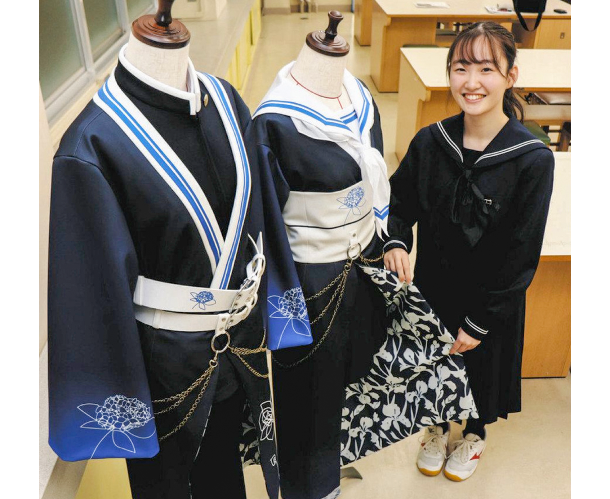 谷口さん（高志高１年）制服　最優秀　アジサイ、スイセン柄で「福井の魅力」　トンボのデザインコンクール